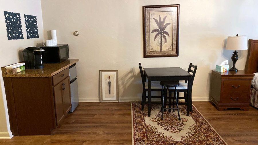 Coffee nook with single-serve Keurig coffee maker - we supply coffee and tea! - microwave, small refrigerator and dinette set...