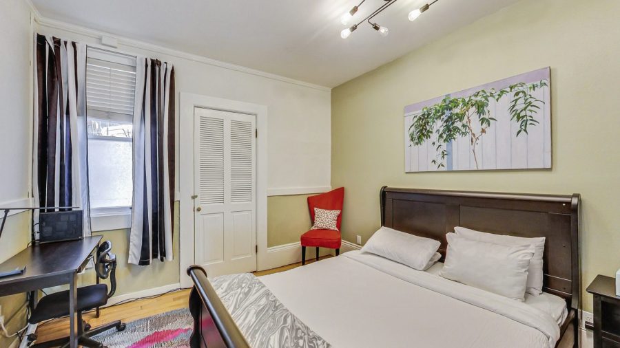 The green room has a desk to work, chair to sit, read or put on your shoes. and a dresser to unpack and relax.