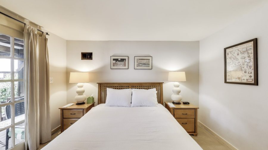 Comfy bed in a room off the garden.