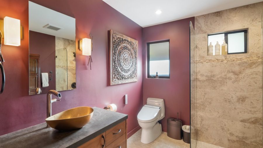 En suite bathroom, for the lower left bedroom, with TOTO Washlet bidet seat and curbless walk in shower