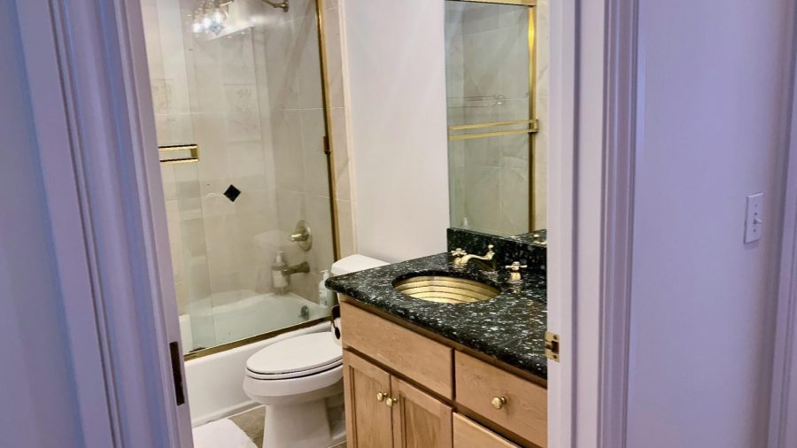 The bathroom features a large shower with a tub