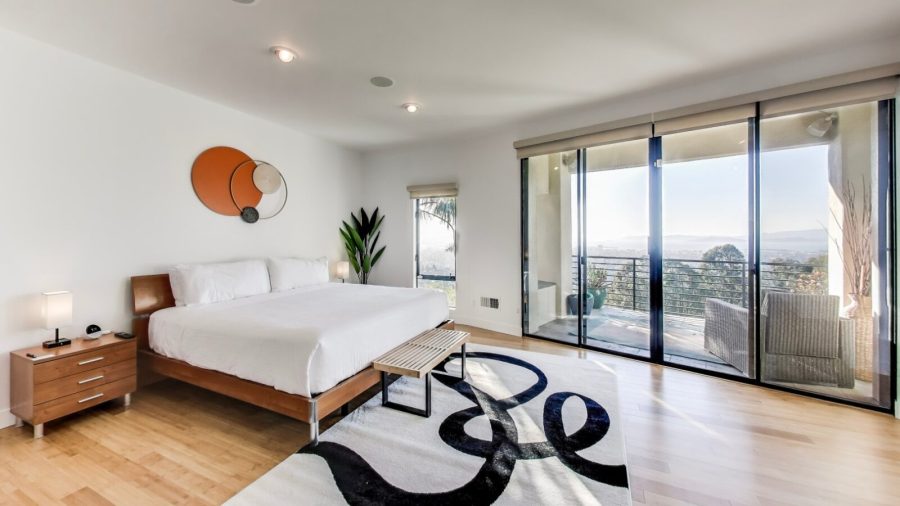 The master bedroom features a private terrace with incredible views of the San Fransisco Bay