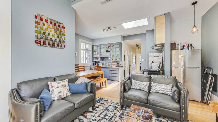 Open concept living/dining/kitchen area.  It feels spacious and separate but you can chat with each other while making dinner or dining or just hanging out.