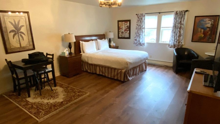 Private suite with queen-sized bed, dinette, satellite TV, coffee nook, kitchenette and bath with shower...