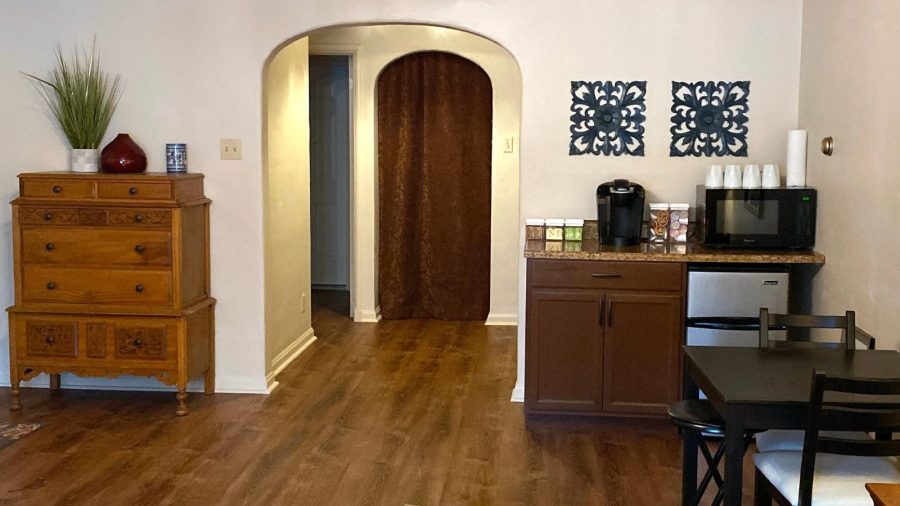 Coffee nook with single-serve Keurig coffee maker - we supply coffee and tea! - microwave, small refrigerator and dinette set...