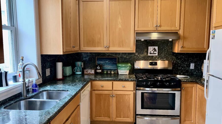 The kitchen has all the appliances and is a great place to make meals