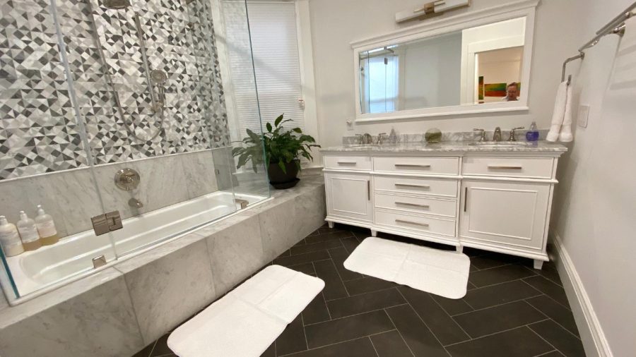 Private Master Suite en suite full bathroom with double vanity, shower and tub...