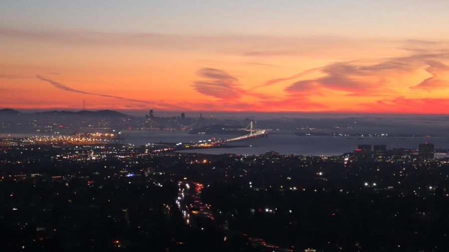 Amazing sunset with San Francisco and the Bay Bridge in the distance.