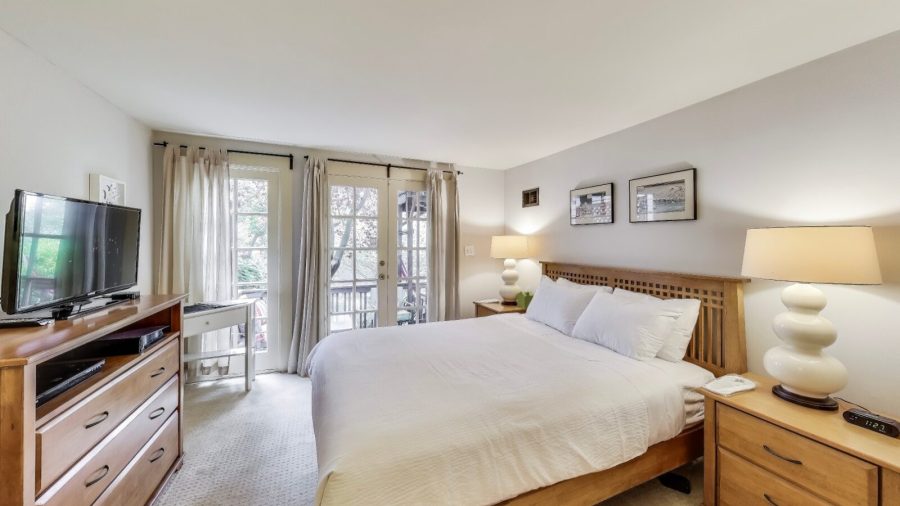 Comfy bed in a room off the garden.