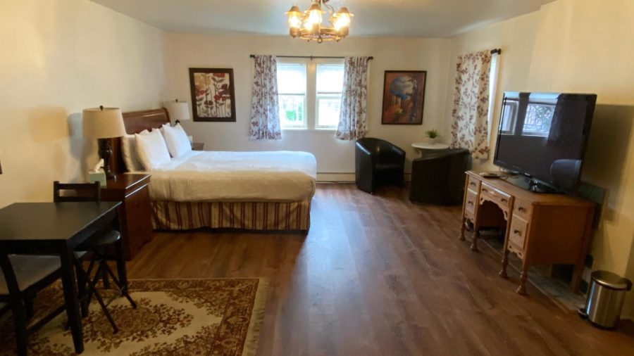Private suite with queen-sized bed, dinette, satellite TV, coffee nook, kitchenette and bath with shower...