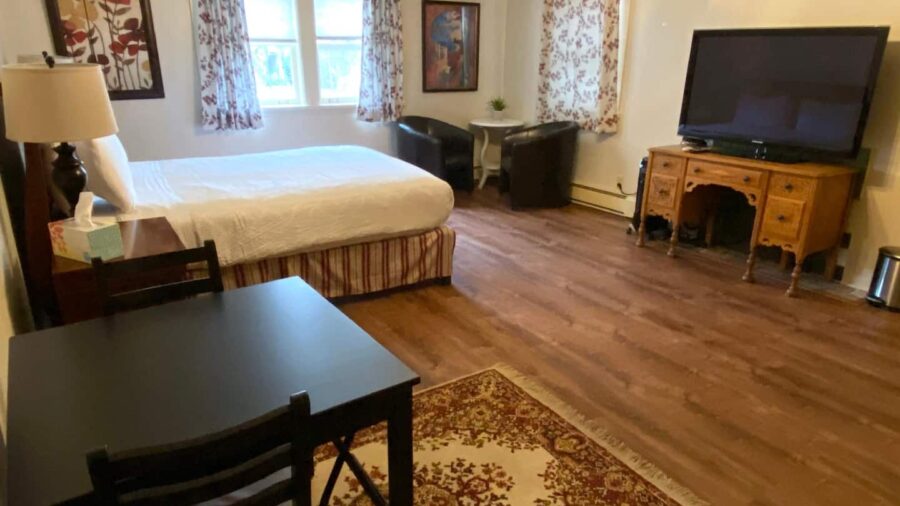 Private suite with queen-sized bed, dinette, satellite TV, coffee nook, kitchenette and bath with shower...