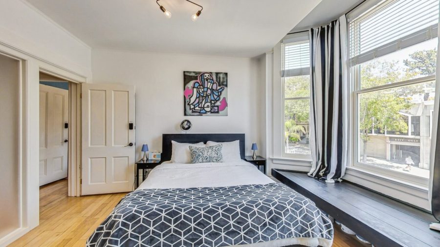 Front room, the Purple Room, is spacious, with plenty of light, a queen-sized bed and a view of a pretty street :-)