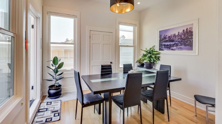 Shared dining area seats six...