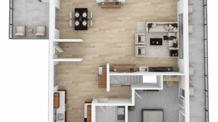 Upper level -  main living area, kitchen, dining bedroom and bathroom.
