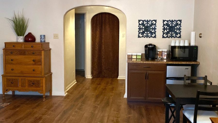 Coffee nook with single-serve Keurig coffee maker - we supply coffee and tea! - microwave, small refrigerator and dinette set...