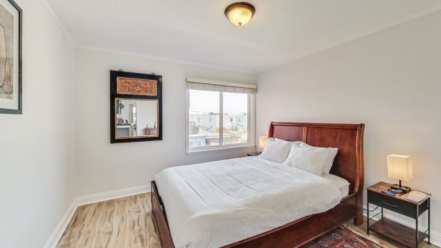 The first bedroom is right next to the bathroom at the top of the stairs.  