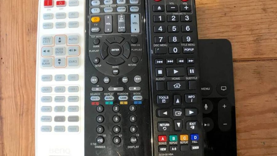 The projector has surround sound, an Apple TV, and a DVD/VCR box