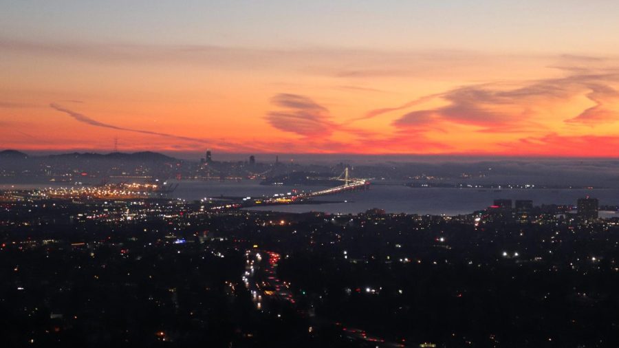 Amazing sunset with San Francisco and the Bay Bridge in the distance.