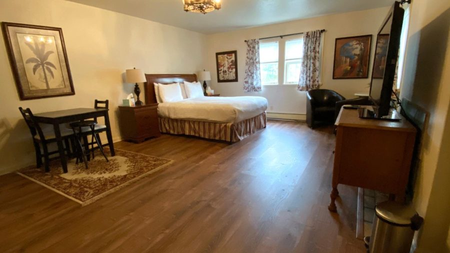 Private suite with queen-sized bed, dinette, satellite TV, coffee nook, kitchenette and bath with shower...
