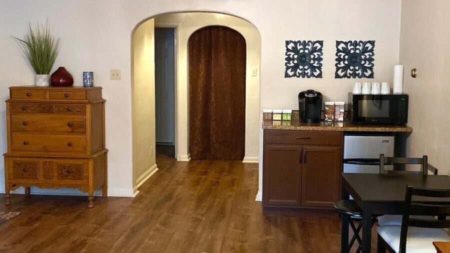 Coffee nook with single-serve Keurig coffee maker - we supply coffee and tea! - microwave, small refrigerator and dinette set...