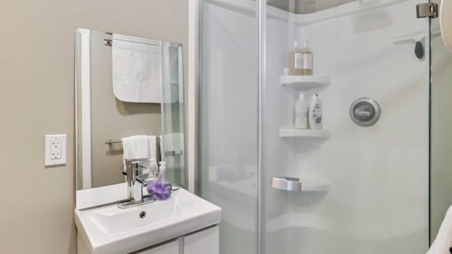 Bathroom with Standing shower stall.  Kiehl's bath products are provided.