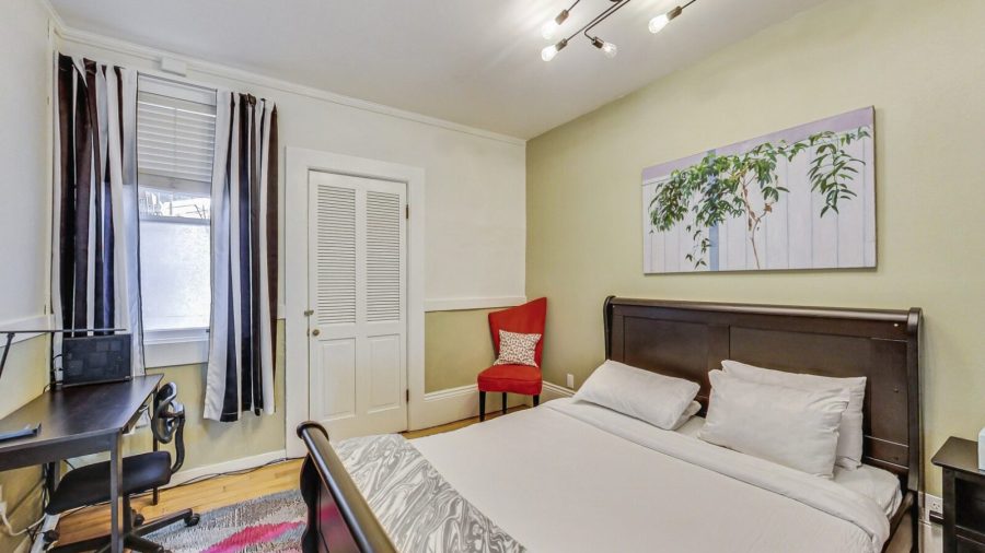 The green room has a desk to work, chair to sit, read or put on your shoes. and a dresser to unpack and relax.
