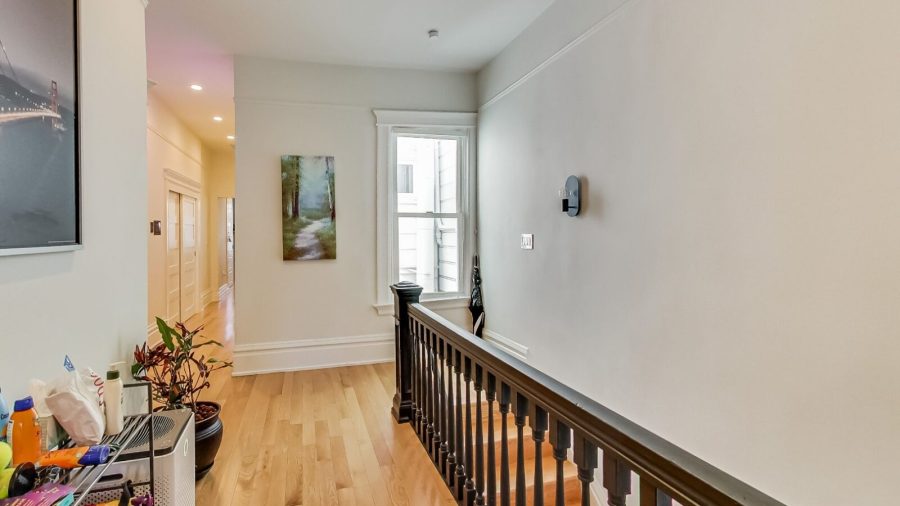 Hallway at top of stairs, from the point of view from your room...
