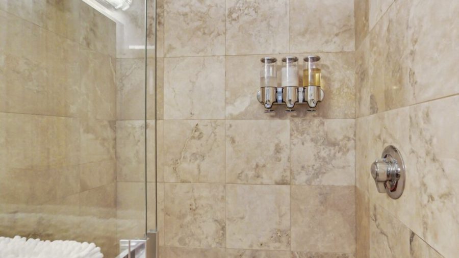 Spacious walk-in  shower with glass shower door.  Lots of light gets into the shower where you will enjoy Kiehl's bath products.