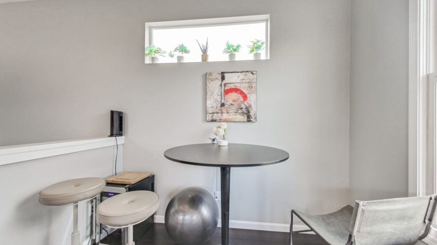 Nook with USB power ports. Great place for a cup of coffee or a zoom call.