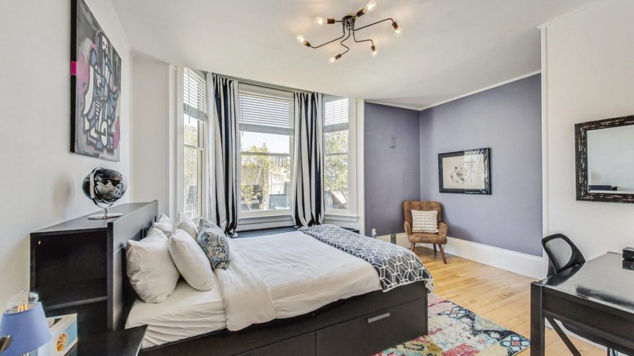 Front room, the Purple Room, is spacious, with plenty of light, a queen-sized bed and a view of a pretty street :-)