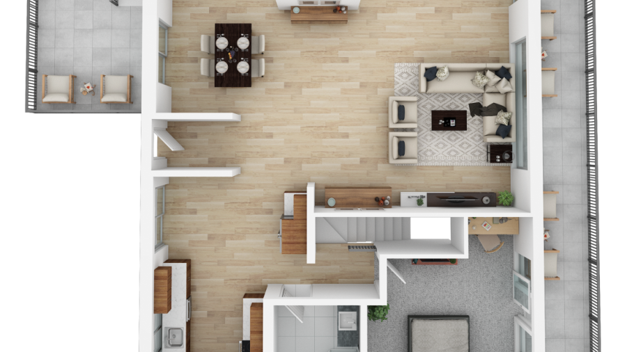 Upper level -  main living area, kitchen, dining bedroom and bathroom.