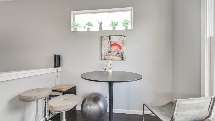 Nook with USB power ports. Great place for a cup of coffee or a zoom call.