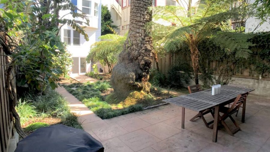 Outdoor seating area with charcoal grill