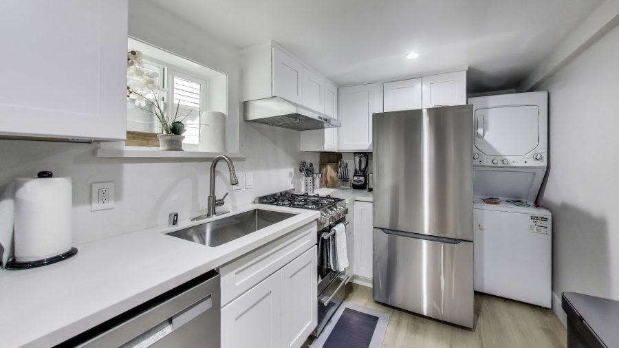 Full kitchen with laundry.  Everything you need for your stay.