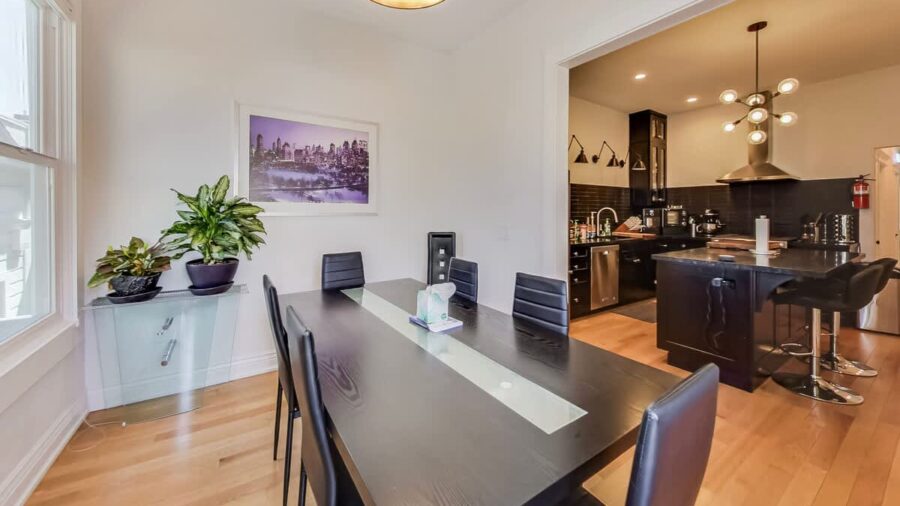 Shared dining area seats six...