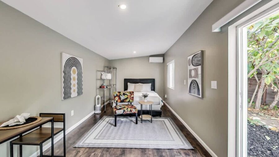 Comfy bed in spacious studio with Air Conditioning