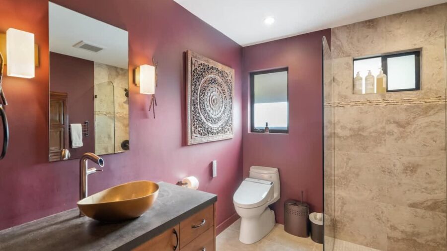 En suite bathroom, for the lower left bedroom, with TOTO Washlet bidet seat and curbless walk in shower