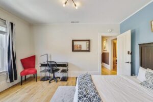 The blue room has a comfortable Queen size bed, desk, chair and Wardrobe to unpack and settle in.