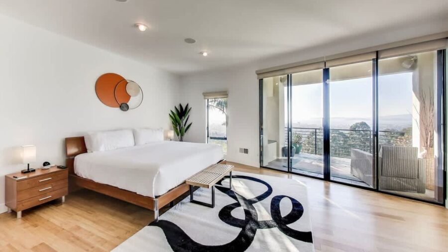 The master bedroom features a private terrace with incredible views of the San Fransisco Bay