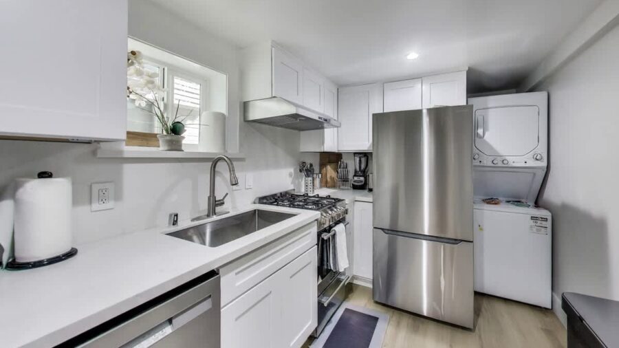 Full kitchen with laundry.  Everything you need for your stay.