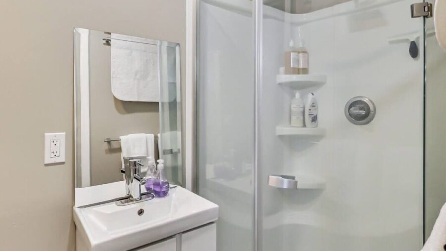 Bathroom with Standing shower stall.  Kiehl's bath products are provided.