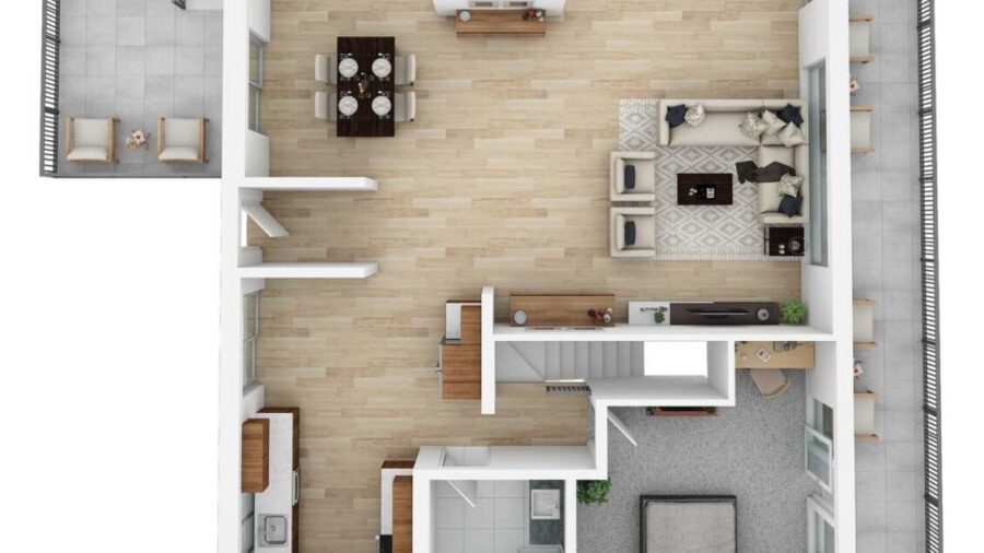 Upper level -  main living area, kitchen, dining bedroom and bathroom.