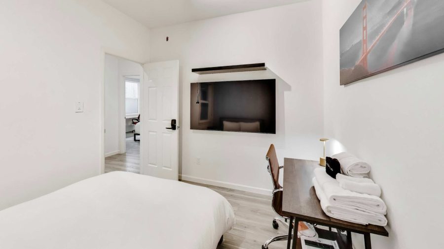 Small bedroom with large walk-in closet and TV